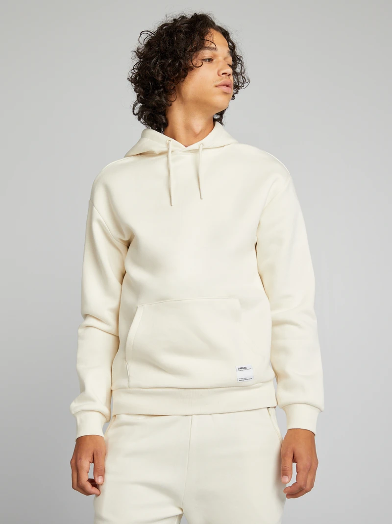 man- white hooded fleece sweatshirt